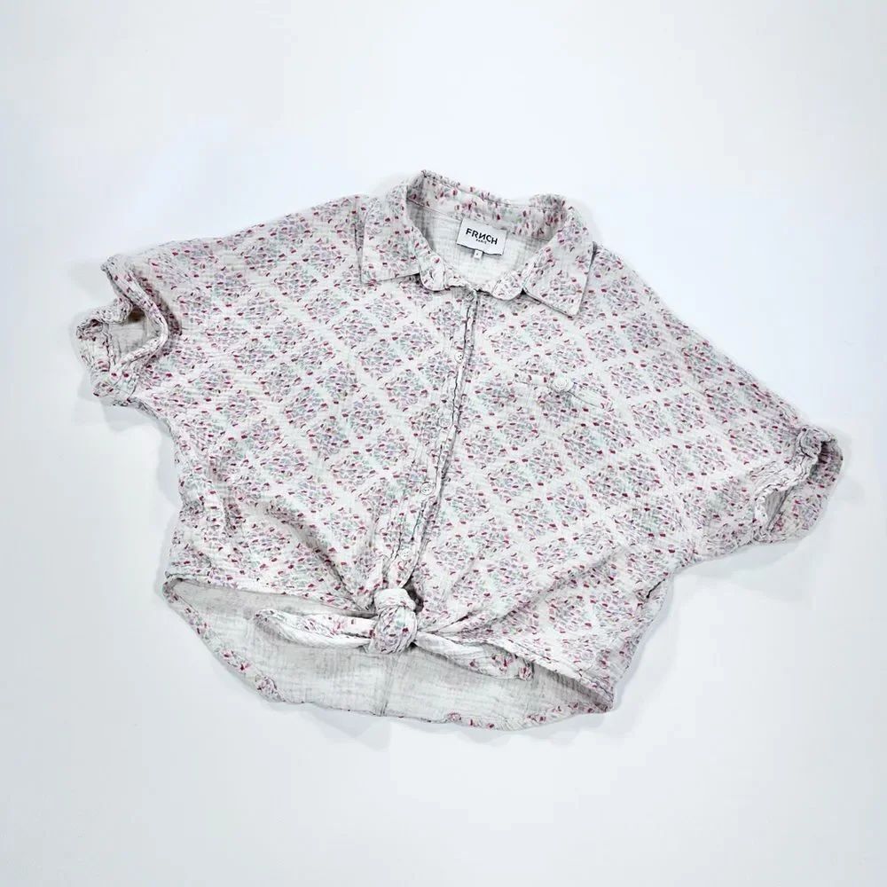FRNCH tie front crop top shirt sleeve button down lightweight blouse S